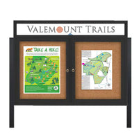 Outdoor Enclosed 72x48 Cork Bulletin Boards w Personalized HEADER (Radius Edge & Leg Posts) 2 DOORS