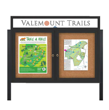 Outdoor Enclosed 72x48 Cork Bulletin Boards w Personalized HEADER (Radius Edge & Leg Posts) 2 DOORS