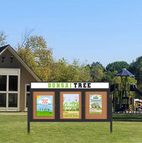 Outdoor Enclosed 72x36 Cork Bulletin Boards w Personalized HEADER (Radius Edge & Leg Posts) 3 DOORS