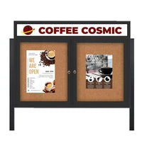 Outdoor Enclosed 84x24 Cork Bulletin Boards w Personalized HEADER (Radius Edge & Leg Posts) 2 DOORS