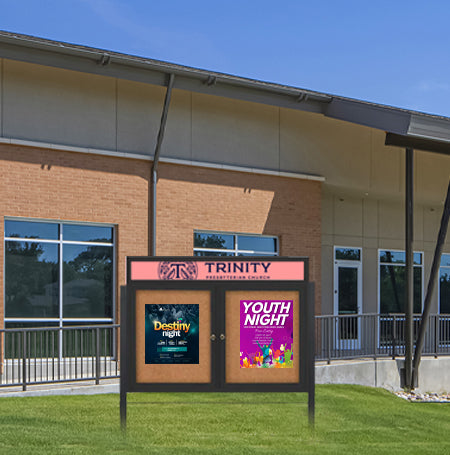 Outdoor Enclosed 84x48 Cork Bulletin Boards w Personalized HEADER (Radius Edge & Leg Posts) 2 DOORS