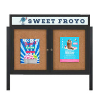 Outdoor Enclosed 84x36 Cork Bulletin Boards w Personalized HEADER (Radius Edge & Leg Posts) 2 DOORS