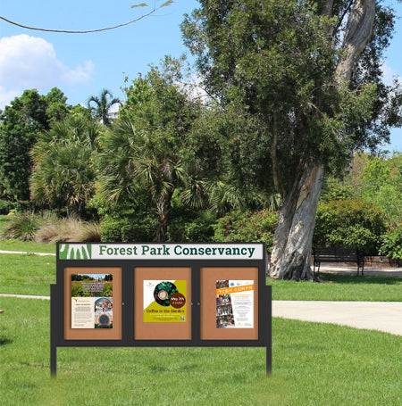 Outdoor Enclosed 84x48 Cork Bulletin Boards w Personalized HEADER (Radius Edge & Leg Posts) 3 DOORS