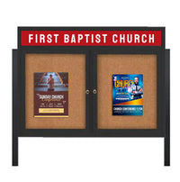 Outdoor Enclosed 84x48 Cork Bulletin Boards w Personalized HEADER (Radius Edge & Leg Posts) 2 DOORS