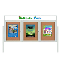 Outdoor Enclosed 84x36 Cork Bulletin Boards w Personalized HEADER (Radius Edge & Leg Posts) 3 DOORS