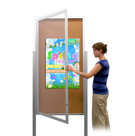 24x72 Extra Large Outdoor Enclosed Bulletin Board w Light on Posts (One-Door)