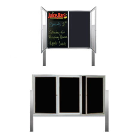 Outdoor Enclosed Dry Erase Marker Board with Posts and Radius Edge (2 and 3 Doors) - Black Porcelain Steel