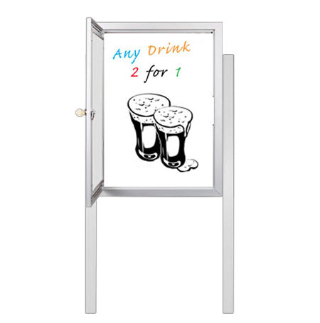 Extra Large Outdoor Dry Erase Marker Board Swing Cases with Radius Edge, Lights and Leg Posts  | Gloss White Board Magnetic Porcelain Steel