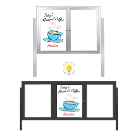Outdoor Enclosed Dry Erase Marker Board with Posts and LED Lighting (2 and 3 Doors) - White Porcelain Steel
