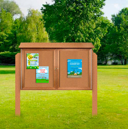 Double Door 48x48 Outdoor Message Center with Enclosed Cork Bulletin Board Standing on Two Leg Posts