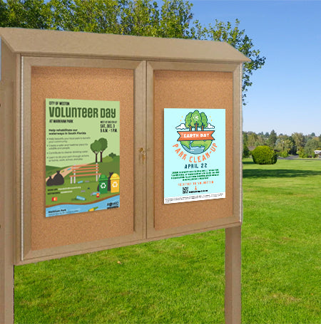 Outdoor Message Center Cork Bulletin Board 50" x 40" with Posts | Double Doors Information Boards