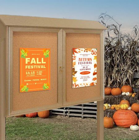 Outdoor Message Center Cork Bulletin Board 60" x 30" with Posts | Double Doors Information Boards