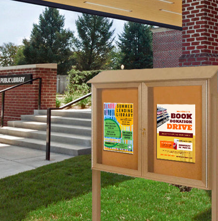 Outdoor Message Center Cork Bulletin Board 60" x 36" with Posts | Eco-Design, Faux Wood Two-Door Information Boards