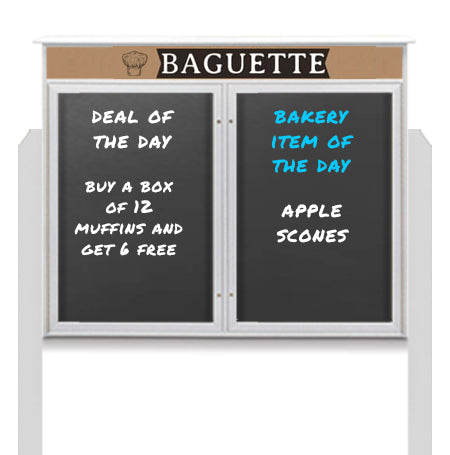 60" x 24" Outdoor Message Center - Double Door Magnetic Black Dry Erase Board with Header and Posts