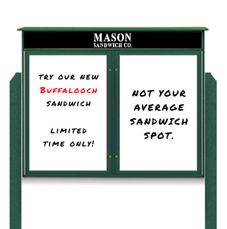 42" x 32" Standing Outdoor Message Center - Double Door Magnetic White Dry Erase Board with Header
