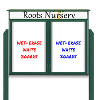 60" x 36" Standing Outdoor Message Center - Double Door Magnetic White Dry Erase Board with Header