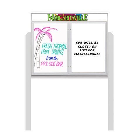 60" x 40" Standing Outdoor Message Center - Double Door Magnetic White Dry Erase Board with Header