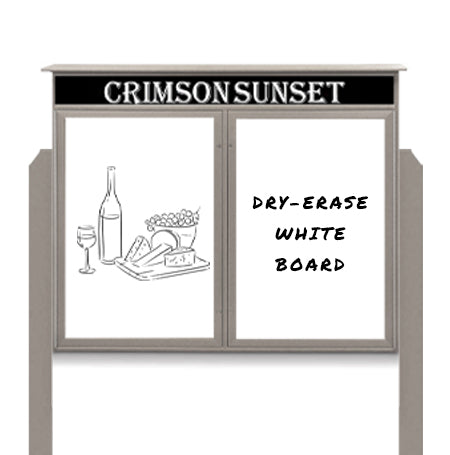 60" x 48" Standing Outdoor Message Center - Double Door Magnetic White Dry Erase Board with Header