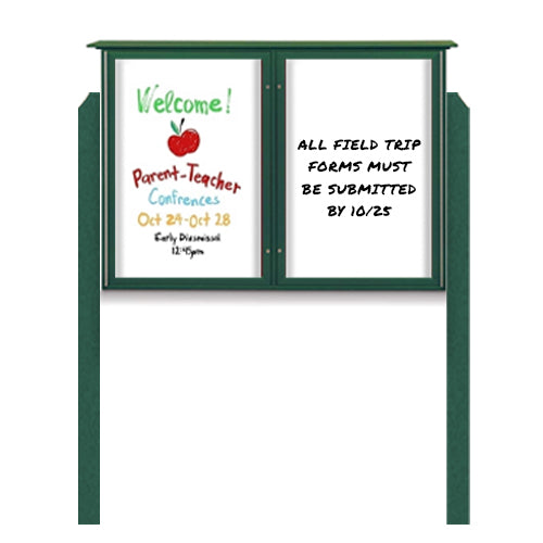 40" x 50" Outdoor Message Center - Double Door Magnetic White Dry Erase Board with Posts