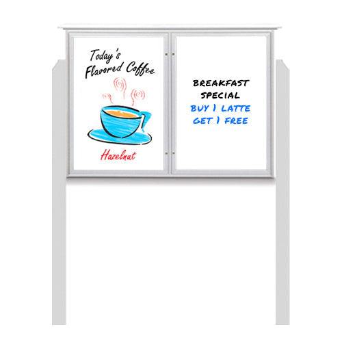 45" x 30" Outdoor Message Center - Double Door Magnetic White Dry Erase Board with Posts