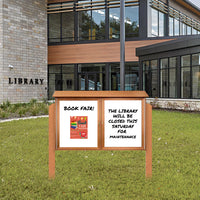 Eco-Design, Faux Wood Outdoor Message Center + Magnetic Surface White Dry Erase Board 60" x 30" with Double-Door Cabinet + Posts