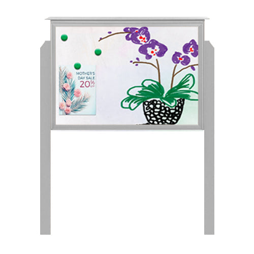 27" x 40" Outdoor Message Center - Magnetic White Dry Erase Board with Posts