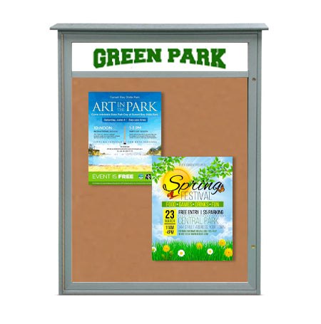 8.5x14 Outdoor Cork Board Message Center with Header - LEFT Hinged (Image Not to Scale)