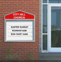 Enclosed Cathedral Reader Board with custom pointed header, 60" by 42" Lockable Cabinet