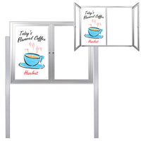 Outdoor Enclosed Dry Erase Markerboard with Posts and LED Lights (2 and 3 Doors) - White Porcelain Steel