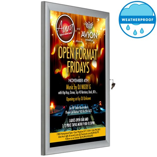 Weatherproof 24" x 36" Outdoor Poster Case displays 1 single sided poster. Display promotions, sales, ads, and events outside of your store, restaurant, car dealership, etc.