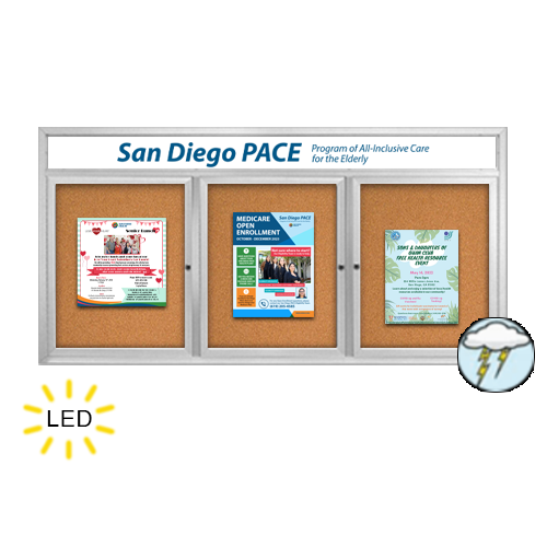 72 x 24 Enclosed Outdoor Bulletin Boards with Header & Lights 3 DOOR