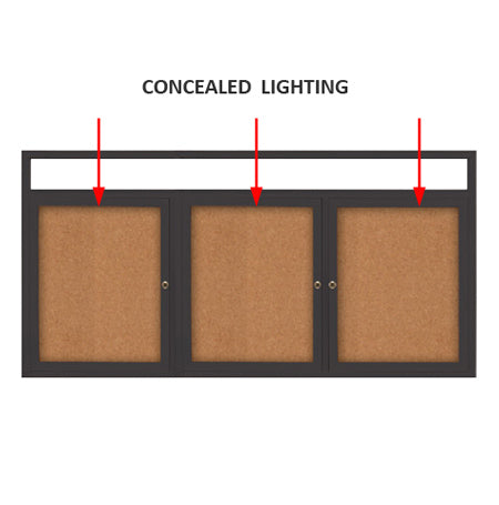 72 x 36 Enclosed Outdoor Bulletin Boards with Header & Lights 3 DOOR