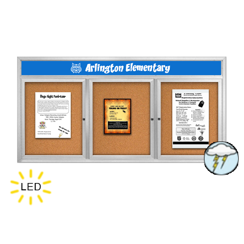 72 x 48 Enclosed Outdoor Bulletin Boards with Header & Lights 3 DOOR