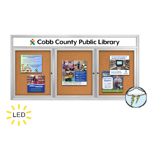 84 x 24 Enclosed Outdoor Bulletin Boards with Header & Lights 3 DOOR