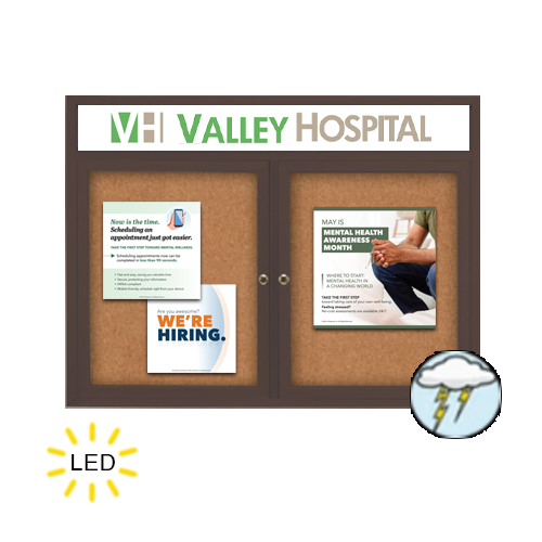 84 x 36 Enclosed Outdoor Bulletin Boards with Header & Lights 2 DOOR