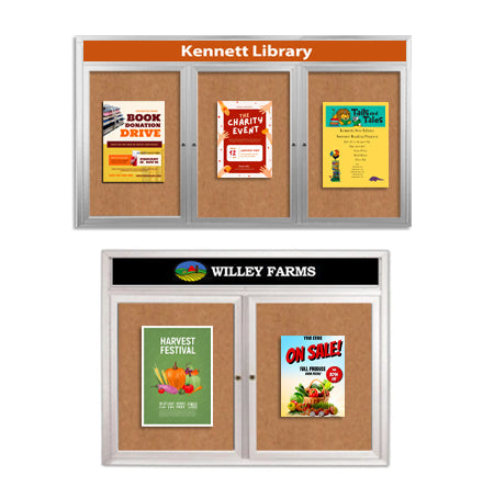 2-3 Door Enclosed Outdoor Bulletin Boards with Your Message Header and Radius Edge Cabinet Corners | All-Weather Aluminum Display Case 35+ Sizes