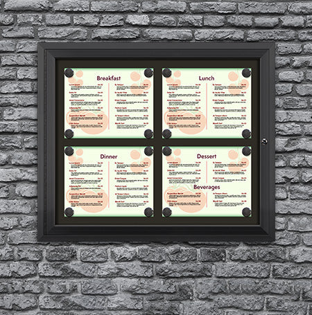 Outdoor Enclosed Magnetic Restaurant Menu Display Case | 14" x 11" Landscape | Holds Four Landscape Menus 2 TOP 2 BOTTOM