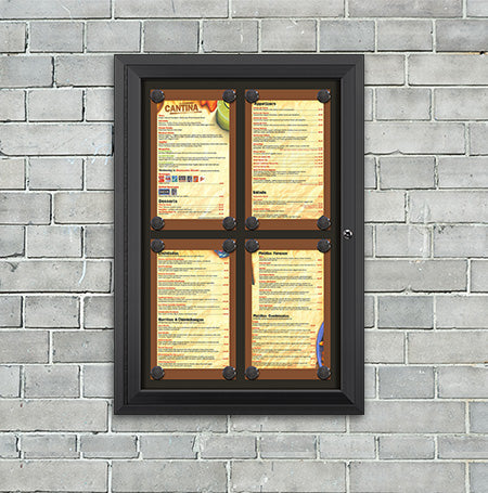Outdoor Enclosed Magnetic Restaurant Menu Display Case | 8 1/2" x 14" Portrait | Holds Four Portrait Menus 2 TOP 2 BOTTOM