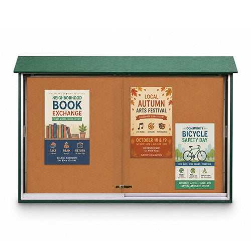 Eco-Design 48x36 Outdoor Message Center Cork Bulletin Board with Front Ratchet Locking Sliding Doors and Faux Wood Information Board