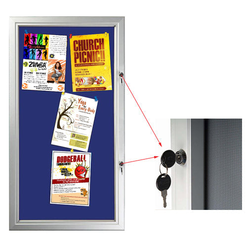 Weatherproof Lockable BLUE Fabric Bulletin Boards has (1) Front Lock with Key Set to keep the enclosed notice board secure.