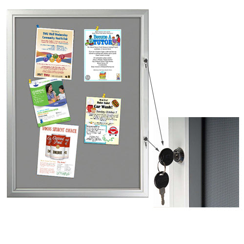 Weatherproof Lockable GRAY Fabric Bulletin Boards has (1) Front Lock with Key Set to keep the enclosed notice board secure.