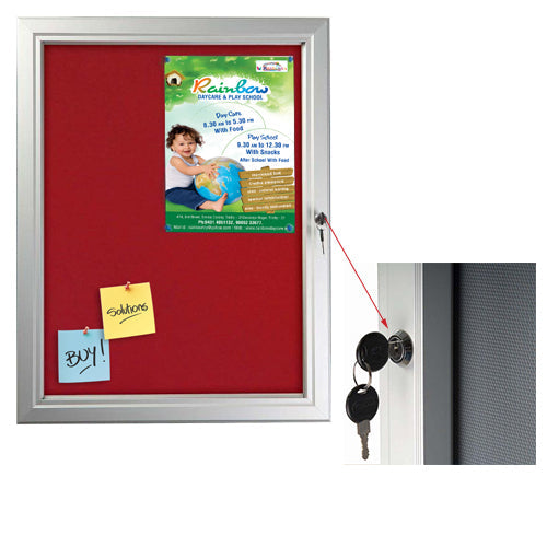 Weatherproof Lockable RED Fabric Bulletin Boards has (1) Front Lock with Key Set to keep the enclosed notice board secure.
