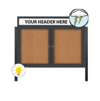 Freestanding 2 Door Enclosed Outdoor Bulletin Boards 48" x 36" Lighted w Message Header on Posts