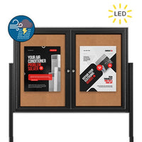 Freestanding 2 Door Enclosed Outdoor Bulletin Boards 48" x 48" with Lights + Posts