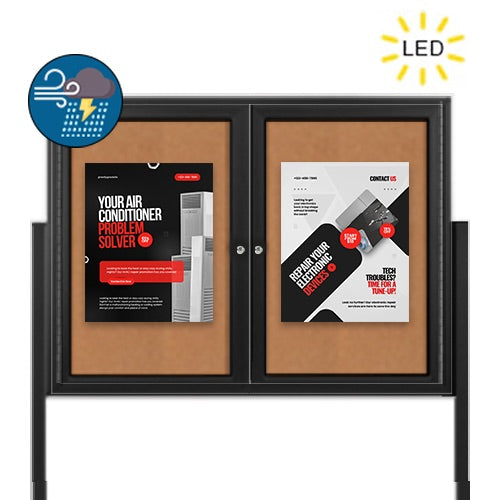 Freestanding 2 Door Enclosed Outdoor Bulletin Boards 48" x 48" with Lights + Posts
