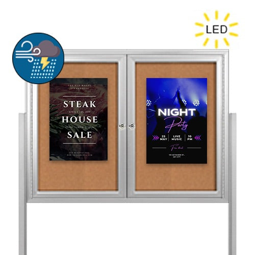 Freestanding 2 Door Enclosed Outdoor Bulletin Boards 48" x 60" with Lights + Posts