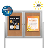 Freestanding 2 Door Enclosed Outdoor Bulletin Boards 60" x 36" with Lights + Posts