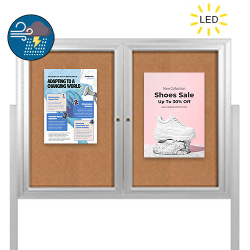 Freestanding 2 Door Enclosed Outdoor Bulletin Boards 72" x 30" with Lights + Posts