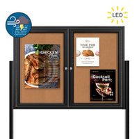 Freestanding 2 Door Enclosed Outdoor Bulletin Boards 72" x 36" with Lights + Posts