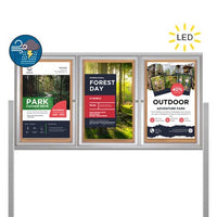 Free-Standing 3-Door Outdoor Bulletin Board 72x48 on Posts with LED Lighting + Metal Display Case